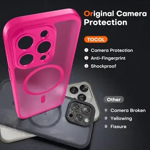 TOCOL Magnetic for iPhone 14 Pro Case, Upgraded Full Camera Protection, Compatible with Magsafe, Drop Protection, Translucent Matte Back Bumper Phone Cover 6.1-Inch (Hot Pink) - 5