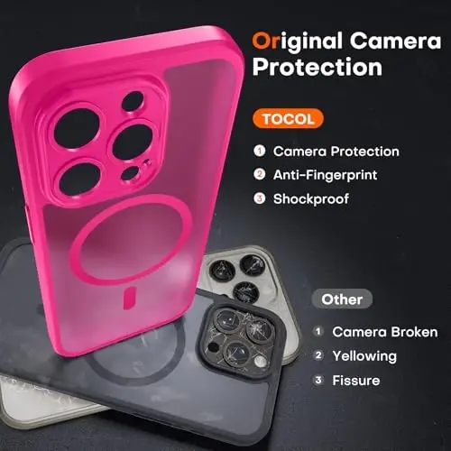 TOCOL Magnetic for iPhone 14 Pro Case, Upgraded Full Camera Protection, Compatible with Magsafe, Drop Protection, Translucent Matte Back Bumper Phone Cover 6.1-Inch (Hot Pink) - 5
