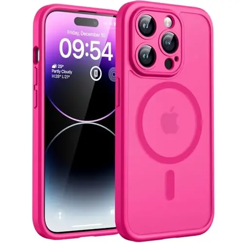 TOCOL for iPhone 14 Pro Case, Compatible with MagSafe, Hot Pink | Built-in Magnets, Full Camera & Military-Grade Protection, Anti-Slip Shockproof Translucent Matte Back Phone Cover 