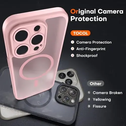 TOCOL Magnetic for iPhone 14 Pro Case, Upgraded Full Camera Protection, Compatible with Magsafe, Drop Protection, Translucent Matte Back Bumper Phone Cover 6.1-Inch (Light Pink) - 5