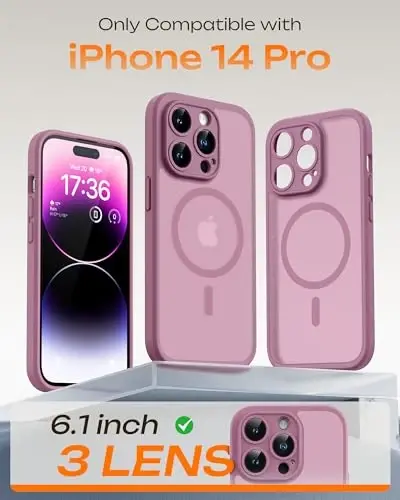 TOCOL iPhone 14 Pro Kılıfı ile Uyumlu, Magsafe Şarj Cihazı ile Uyumlu, Tam Kamera Koruması, Düşme Koruması, Yarı Saydam Mat Telefon Kılıfı iPhone 14 Pro 6.1 inç için (Lila Moru) - TOCOL (1)