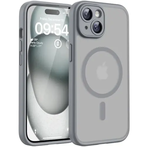 TOCOL iPhone 15 G‘ilof uchun, Magsafe bilan mos, To‘liq kamera himoyasi, O‘rnatilgan magnit halqa, Tomchidan himoya, iPhone 15 6.1 dyuym uchun shaffof mat telefon g‘ilofi (Titan kulrang) 