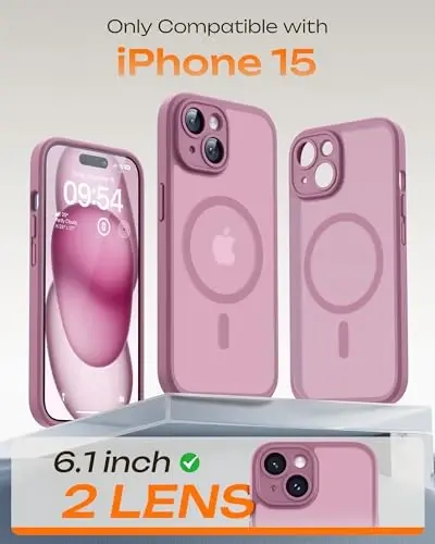 TOCOL iPhone 15 Kılıf, Magsafe Uyumlu, Tam Kamera Koruması, Dahili Manyetik Halka, Düşme Koruması, iPhone 15 6.1 inç için Yarı Saydam Mat Telefon Kılıfı (Lila Moru) - 2