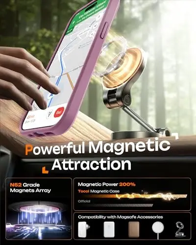 TOCOL iPhone 15 Kılıf, Magsafe Uyumlu, Tam Kamera Koruması, Dahili Manyetik Halka, Düşme Koruması, iPhone 15 6.1 inç için Yarı Saydam Mat Telefon Kılıfı (Lila Moru) - 4