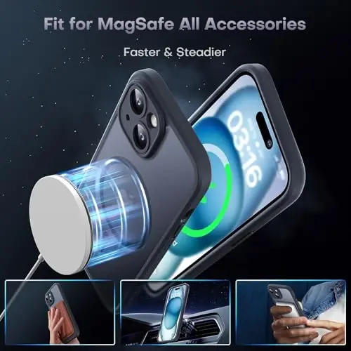 TOCOL iPhone 15 Kılıf, Magsafe Uyumlu, Tam Kamera Koruması, Dahili Manyetik Halka, Düşme Koruması, iPhone 15 6.1 inç için Yarı Saydam Mat Telefon Kılıfı (Siyah) - 3