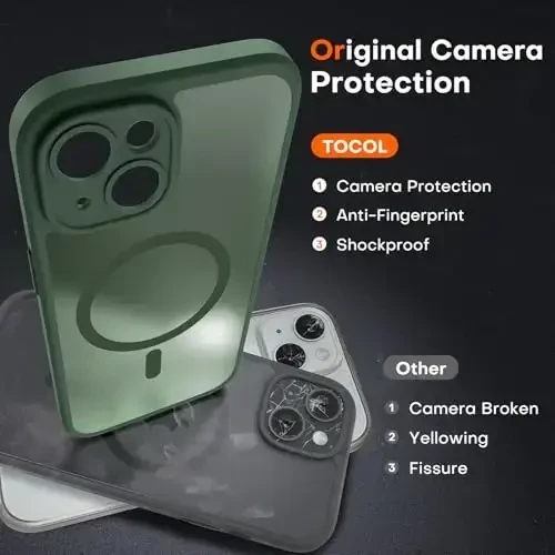 TOCOL Magnetic for iPhone 15 Case, Upgraded Full Camera Protection, Compatible with Magsafe, Drop Protection, Translucent Matte Back Bumper Phone Cover 6.1-Inch (Alpine Green) - 5