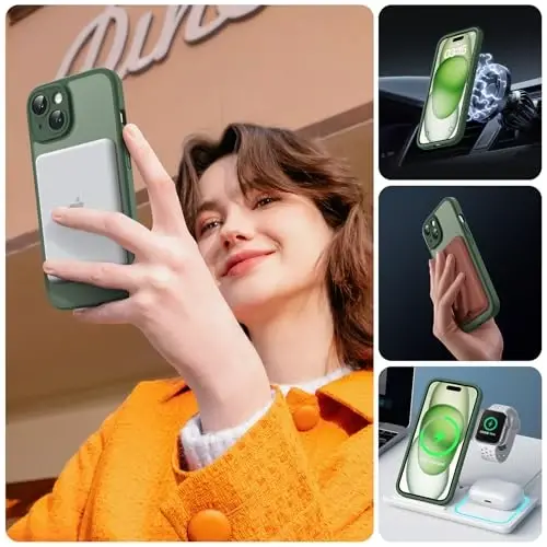 TOCOL Magnetic for iPhone 15 Case, Upgraded Full Camera Protection, Compatible with Magsafe, Drop Protection, Translucent Matte Back Bumper Phone Cover 6.1-Inch (Alpine Green) - 6