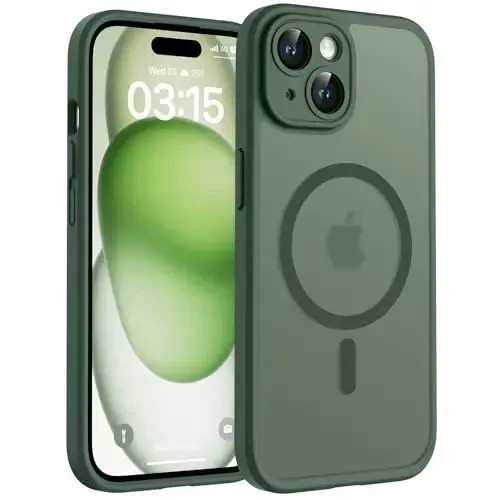 TOCOL Magnetic for iPhone 15 Case, Upgraded Full Camera Protection, Compatible with Magsafe, Drop Protection, Translucent Matte Back Bumper Phone Cover 6.1-Inch (Alpine Green) - TOCOL