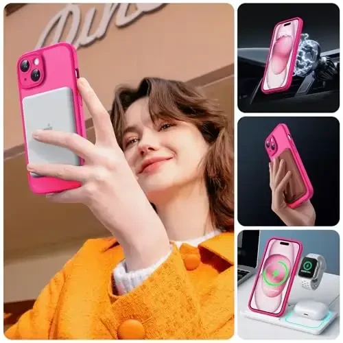 TOCOL Magnetic for iPhone 15 Case, Upgraded Full Camera Protection, Compatible with Magsafe, Drop Protection, Translucent Matte Back Bumper Phone Cover 6.1-Inch (Hot Pink) - 6