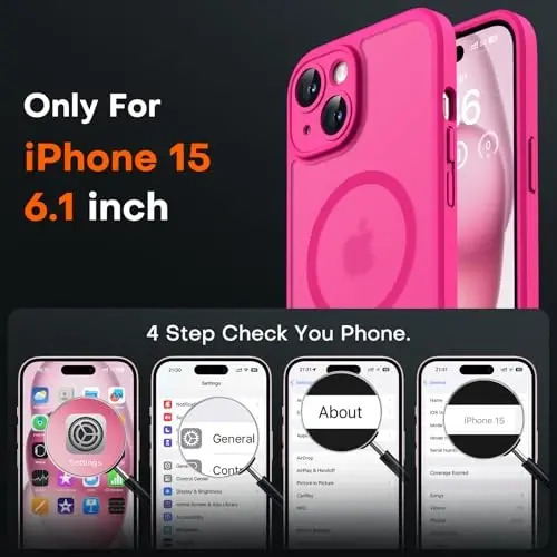 TOCOL Magnetic for iPhone 15 Case, Upgraded Full Camera Protection, Compatible with Magsafe, Drop Protection, Translucent Matte Back Bumper Phone Cover 6.1-Inch (Hot Pink) - 8