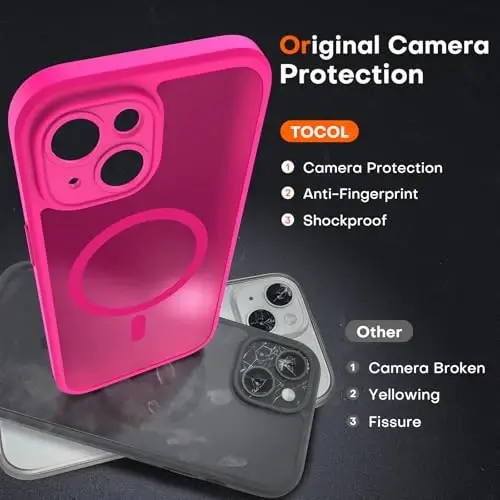 TOCOL Magnetic for iPhone 15 Case, Upgraded Full Camera Protection, Compatible with Magsafe, Drop Protection, Translucent Matte Back Bumper Phone Cover 6.1-Inch (Hot Pink) - 5