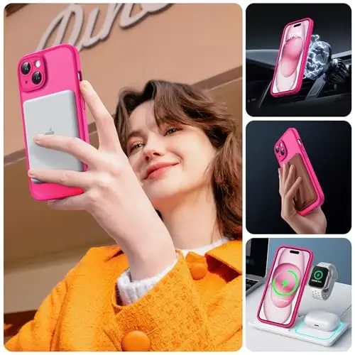 TOCOL Magnetic for iPhone 15 Case, Upgraded Full Camera Protection, Compatible with Magsafe, Drop Protection, Translucent Matte Back Bumper Phone Cover 6.1-Inch (Hot Pink) - 6