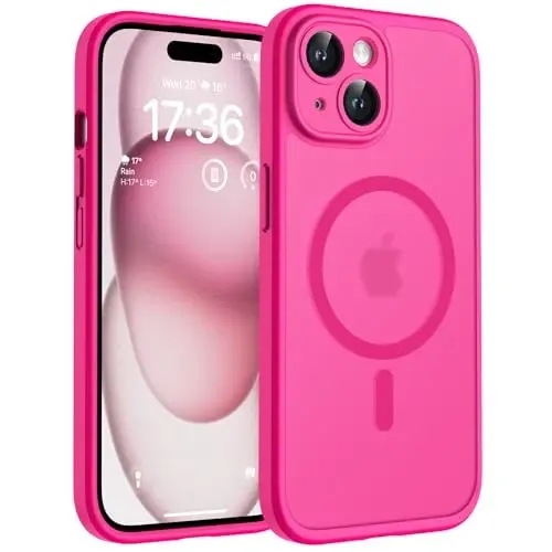 TOCOL iPhone 15 Kılıfı için Manyetik, Yükseltilmiş Tam Kamera Koruması, Magsafe ile Uyumlu, Düşme Koruması, Yarı Saydam Mat Arka Tampon Telefon Kapağı 6.1 inç (Sıcak Pembe) 