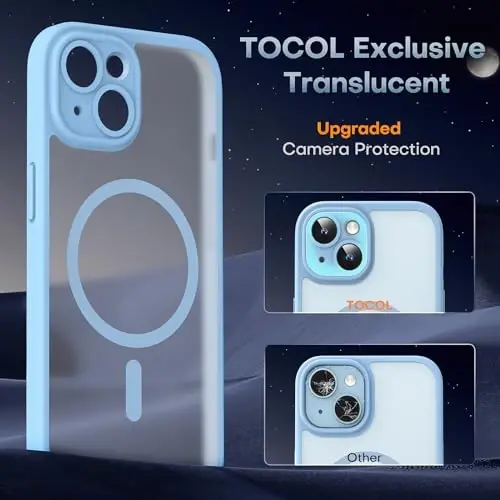 TOCOL Magnetic for iPhone 15 Case, Upgraded Full Camera Protection, Compatible with Magsafe, Drop Protection, Translucent Matte Back Bumper Phone Cover 6.1-Inch (Light Blue) - 5