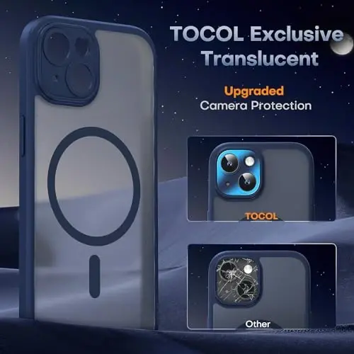 TOCOL Magnetic for iPhone 15 Plus Case, Upgraded Full Camera Protection, Compatible with Magsafe, Drop Protection, Translucent Matte Back Bumper Phone Cover 6.7-Inch (Dark Blue) - 11