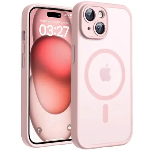 TOCOL Magnetic for iPhone 15 Plus Case, Upgraded Full Camera Protection, Compatible with Magsafe, Drop Protection, Translucent Matte Back Bumper Phone Cover 6.7-Inch (Light Pink) 