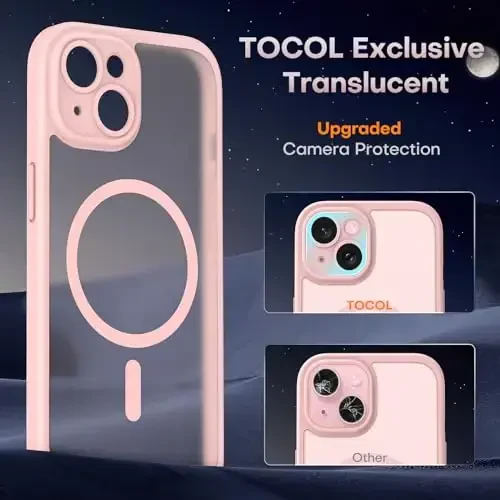 TOCOL Magnetic for iPhone 15 Plus Case, Upgraded Full Camera Protection, Compatible with Magsafe, Drop Protection, Translucent Matte Back Bumper Phone Cover 6.7-Inch (Light Pink) - 5