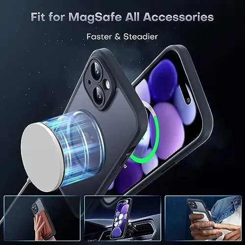 TOCOL iPhone 15 Plus uchun magnitli himoya korpusi, yangilangan toʻliq kamera himoyasi, MagSafe bilan mos keladi, tushishdan himoya qiladi, shaffof matli orqa bamperli telefon qoplami 6,7 dyuym (qora) 