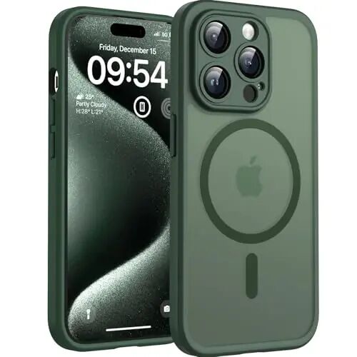 TOCOL Magnetic for iPhone 15 Pro Case, Upgraded Full Camera Protection, Compatible with Magsafe, Drop Protection, Translucent Matte Back Bumper Phone Cover 6.1-Inch (Alpine Green) - TOCOL