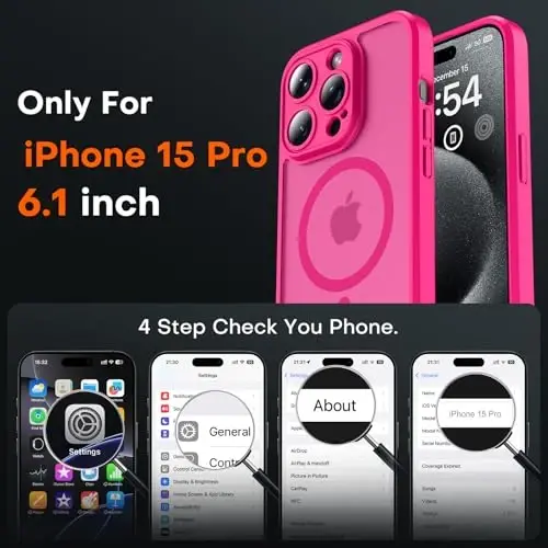 TOCOL Magnetic for iPhone 15 Pro Case, Upgraded Full Camera Protection, Compatible with Magsafe, Drop Protection, Translucent Matte Back Bumper Phone Cover 6.1-Inch (Hot Pink) - 8