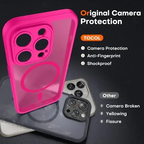 TOCOL Magnetic for iPhone 15 Pro Case, Upgraded Full Camera Protection, Compatible with Magsafe, Drop Protection, Translucent Matte Back Bumper Phone Cover 6.1-Inch (Hot Pink) - 5