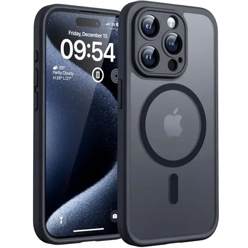 TOCOL iPhone 15 Pro için Mıknatıslı Kılıf, Gelişmiş Tam Kamera Koruması, Magsafe Uyumlu, Düşme Koruması, Yarı Saydam Mat Arka Telefon Kapağı 6.1-İnç (Siyah) 