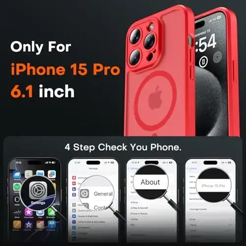 TOCOL Magnetic for iPhone 15 Pro Case, Upgraded Full Camera Protection, Compatible with Magsafe, Drop Protection, Translucent Matte Back Bumper Phone Cover 6.1-Inch (Red) - TOCOL (1)