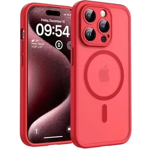 TOCOL Magnetic for iPhone 15 Pro Case, Upgraded Full Camera Protection, Compatible with Magsafe, Drop Protection, Translucent Matte Back Bumper Phone Cover 6.1-Inch (Red) 