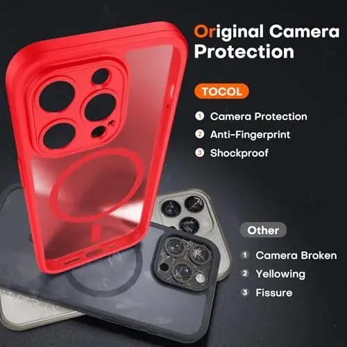 TOCOL Magnetic for iPhone 15 Pro Case, Upgraded Full Camera Protection, Compatible with Magsafe, Drop Protection, Translucent Matte Back Bumper Phone Cover 6.1-Inch (Red) - 5