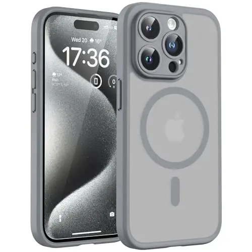 TOCOL iPhone 15 Pro Max için Mıknatıslı Kılıf, Gelişmiş Tam Kamera Koruması, Magsafe Uyumlu, Düşme Koruması, Yarı Saydam Mat Arka Tamponlu Telefon Kılıfı 6.7-İnç (Gri) 