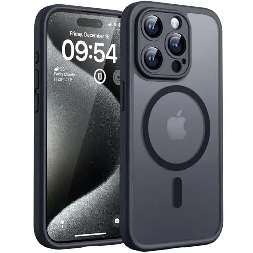 TOCOL iPhone 15 Pro Max için Mıknatıslı Kılıf, Yükseltilmiş Tam Kamera Koruması, Magsafe ile Uyumlu, Düşme Koruması, Yarı Saydam Mat Arka Tampon Telefon Kapağı 6,7 inç (Siyah) 