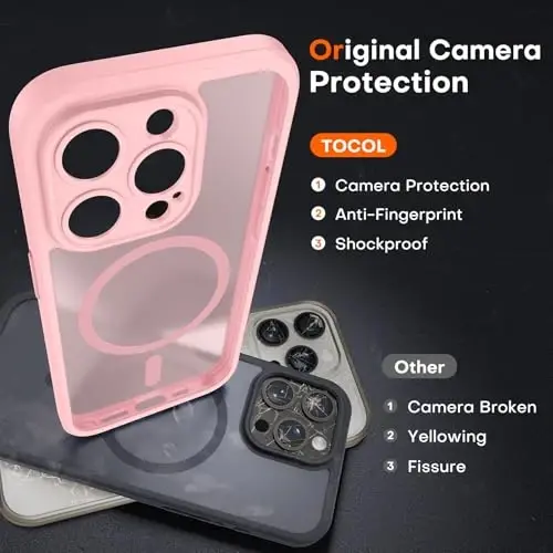TOCOL Magnetic for iPhone 15 Pro Max Case, Upgraded Full Camera Protection, Compatible with Magsafe, Drop Protection, Translucent Matte Back Bumper Phone Cover 6.7-Inch（Light Pink） - 5
