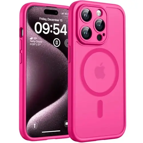 TOCOL iPhone 15 Pro Max için Mıknatıslı Kılıf, Yükseltilmiş Tam Kamera Koruması, Magsafe Uyumlu, Düşme Koruması, Yarı Saydam Mat Arka Tampon Telefon Kılıfı 6.7-İnç（Koyu Pembe） 