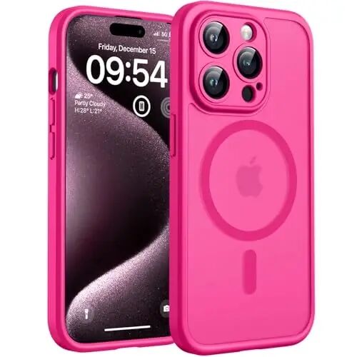 TOCOL Magnetic for iPhone 15 Pro Max Case, Upgraded Full Camera Protection, Compatible with Magsafe, Drop Protection, Translucent Matte Back Bumper Phone Cover 6.7-Inch（Hot Pink） - TOCOL