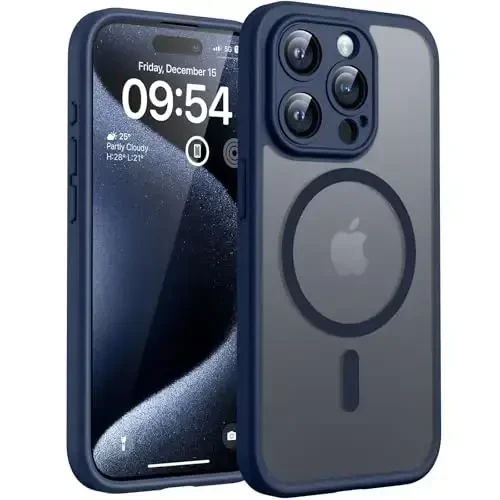 TOCOL Magnetic for iPhone 15 Pro Max Case, Upgraded Full Camera Protection, Compatible with Magsafe, Drop Protection, Translucent Matte Back Bumper Phone Cover 6.7-Inch（Dark Blue） 