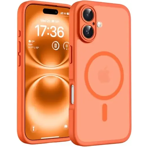 TOCOL iPhone 16 Kılıfı için, Magsafe Şarj Cihazı ile Uyumlu, Tam Kamera Koruması, Düşme Koruması, Yarı Saydam Mat Telefon Kılıfı, iPhone 16 6.1 inç için (Turuncu) - TOCOL