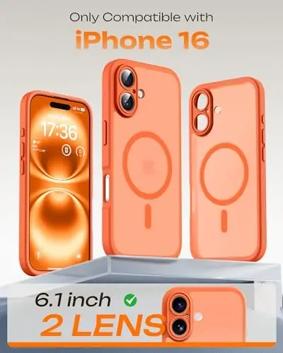 TOCOL iPhone 16 Kılıfı için, Magsafe Şarj Cihazı ile Uyumlu, Tam Kamera Koruması, Düşme Koruması, Yarı Saydam Mat Telefon Kılıfı, iPhone 16 6.1 inç için (Turuncu) - TOCOL (1)