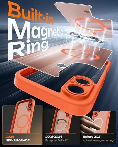 TOCOL iPhone 16 Kılıfı için, Magsafe Şarj Cihazı ile Uyumlu, Tam Kamera Koruması, Düşme Koruması, Yarı Saydam Mat Telefon Kılıfı, iPhone 16 6.1 inç için (Turuncu) - 3