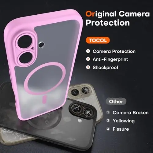 TOCOL Magnetic for iPhone 16 Case, Upgraded Full Camera Protection, Compatible with Magsafe, Drop Protection, Translucent Matte Back Bumper Phone Cover 6.1-Inch (Peony) - 5