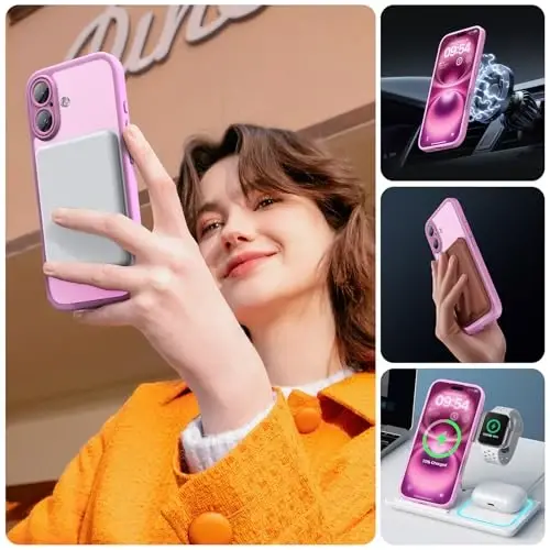 TOCOL Magnetic for iPhone 16 Case, Upgraded Full Camera Protection, Compatible with Magsafe, Drop Protection, Translucent Matte Back Bumper Phone Cover 6.1-Inch (Peony) - 6