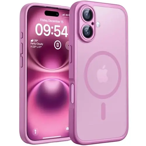 TOCOL iPhone 16 Kılıfı için Manyetik, Yükseltilmiş Tam Kamera Koruması, Magsafe ile Uyumlu, Düşme Koruması, Yarı Saydam Mat Arka Tampon Telefon Kapağı 6,1 inç (Şakayık) 