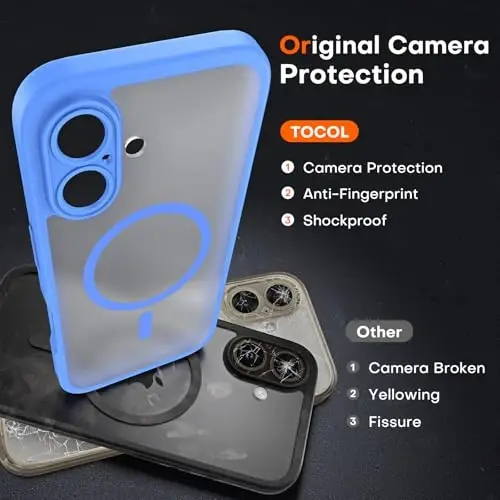 TOCOL Magnetic for iPhone 16 Case, Upgraded Full Camera Protection, Compatible with Magsafe, Drop Protection, Translucent Matte Back Bumper Phone Cover 6.1-Inch (Ultramarine) - 5