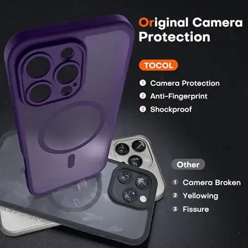 TOCOL Magnetic for iPhone 16 Pro Case, Upgraded Full Camera Protection, Compatible with Magsafe, Drop Protection, Translucent Matte Back Bumper for iPhone 16 Pro 6.3-Inch (Purple) - 5