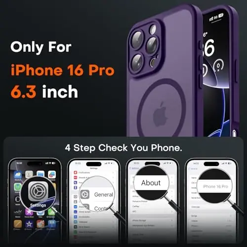 TOCOL Magnetic for iPhone 16 Pro Case, Upgraded Full Camera Protection, Compatible with Magsafe, Drop Protection, Translucent Matte Back Bumper for iPhone 16 Pro 6.3-Inch (Purple) - 2