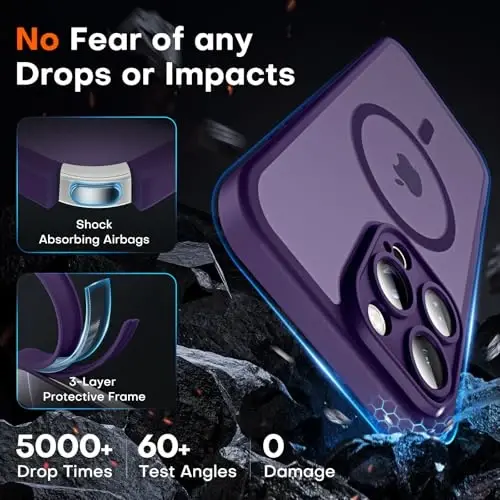 TOCOL iPhone 16 Pro için Manyetik Kılıf, Gelişmiş Tam Kamera Koruması, Magsafe ile Uyumlu, Düşme Koruması, iPhone 16 Pro 6.3 inç için Yarı Saydam Mat Arka Tampon (Mor) - 4