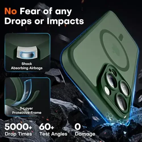 TOCOL iPhone 16 Pro Max uchun telefon g‘ilofi Magsafe bilan mos keladi, to‘liq kamera himoyasi, tushishdan himoya, magnitli yarim shaffof mat qopqoqli bamper, 16 Pro Max 6,9 dyuym (Alpine Green) - 4