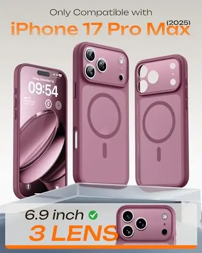 TOCOL iPhone 17 Pro Max uchun g'ilof, to'liq kamera himoyasi, o'rnatilgan magnit halqa, Magsafe zaryadlovchi bilan mos, iPhone 17 ProMax 6.9 dyuym uchun yarim shaffof mat g'ilof (Olxo'ri) - 2
