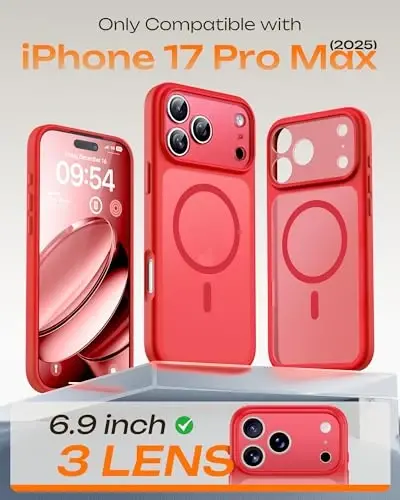 TOCOL iPhone 17 Pro Max uchun g'ilof, To'liq kamera himoyasi, O'rnatilgan magnit halqa, Magsafe zaryadlovchi bilan mos, iPhone 17 ProMax 6.9 dyuym uchun yarim shaffof mat g'ilof (Qizil) - 2