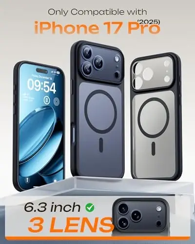 TOCOL iPhone 17 Pro uchun g'ilof, Magsafe bilan mos, to'liq kamera himoyasi, o'rnatilgan magnit halqa, tushishdan himoya, iPhone 17 Pro 6.3 dyuym uchun shaffof matli telefon g'ilofi (qora) - 2