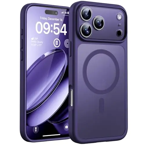 TOCOL iPhone 17 Pro uchun g'ilof, to'liq kamera himoyasi, o'rnatilgan magnit halqa, Magsafe zaryadlovchi bilan mos, iPhone 17 Pro 6.3 dyuym uchun yarim shaffof mat g'ilof (Midnight Purple) - TOCOL